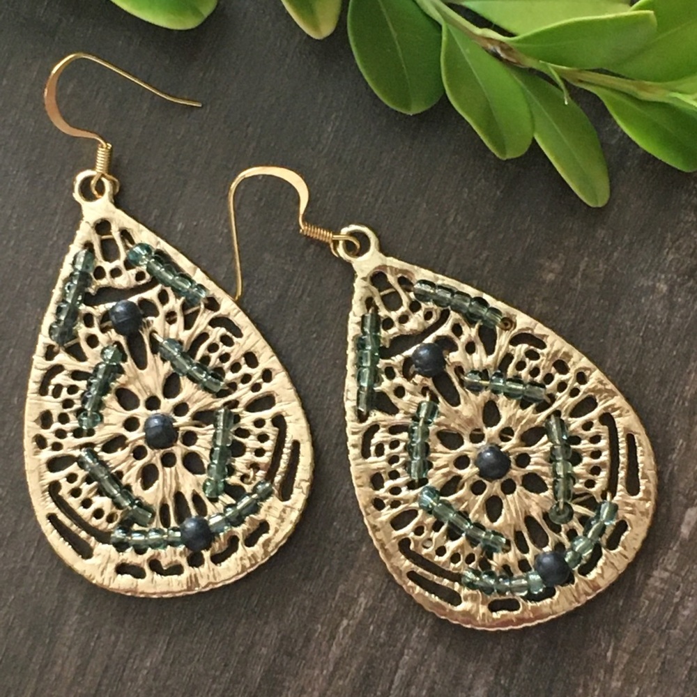 Boho beaded teardrops, gold-tone.